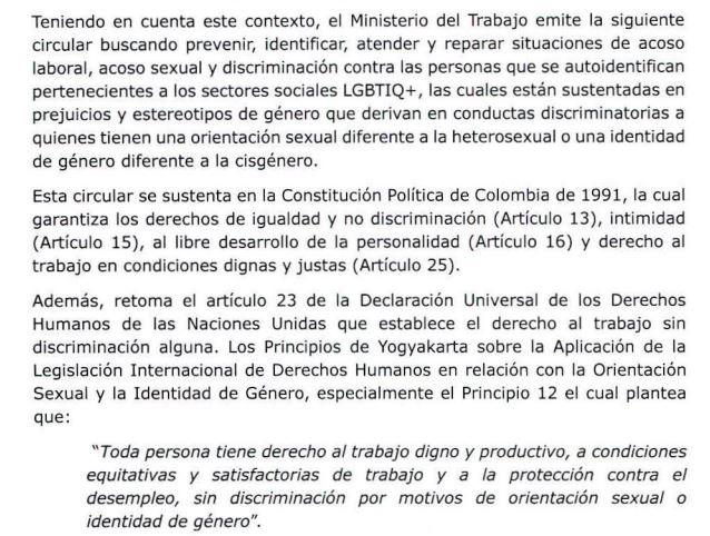 El ministerio del trabajo emite la siguiente circular buscando prevenir, identificar, atender y reparar situaciones de acoso laboral, acoso sexual y discriminación contra las personas que se auto identifican pertenecientes a los sectores sociales LGBTIQ+